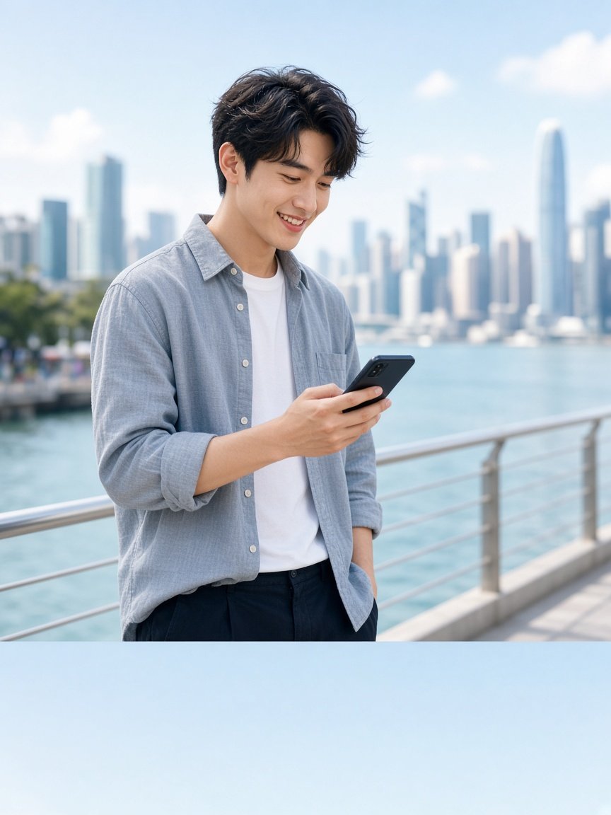 年輕人喺香港街頭用 5G 手機上網