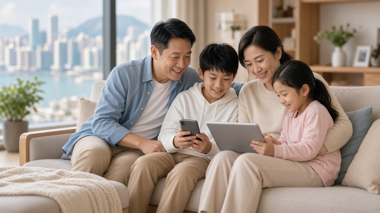 一家人喺屋企一齊用手機同平板